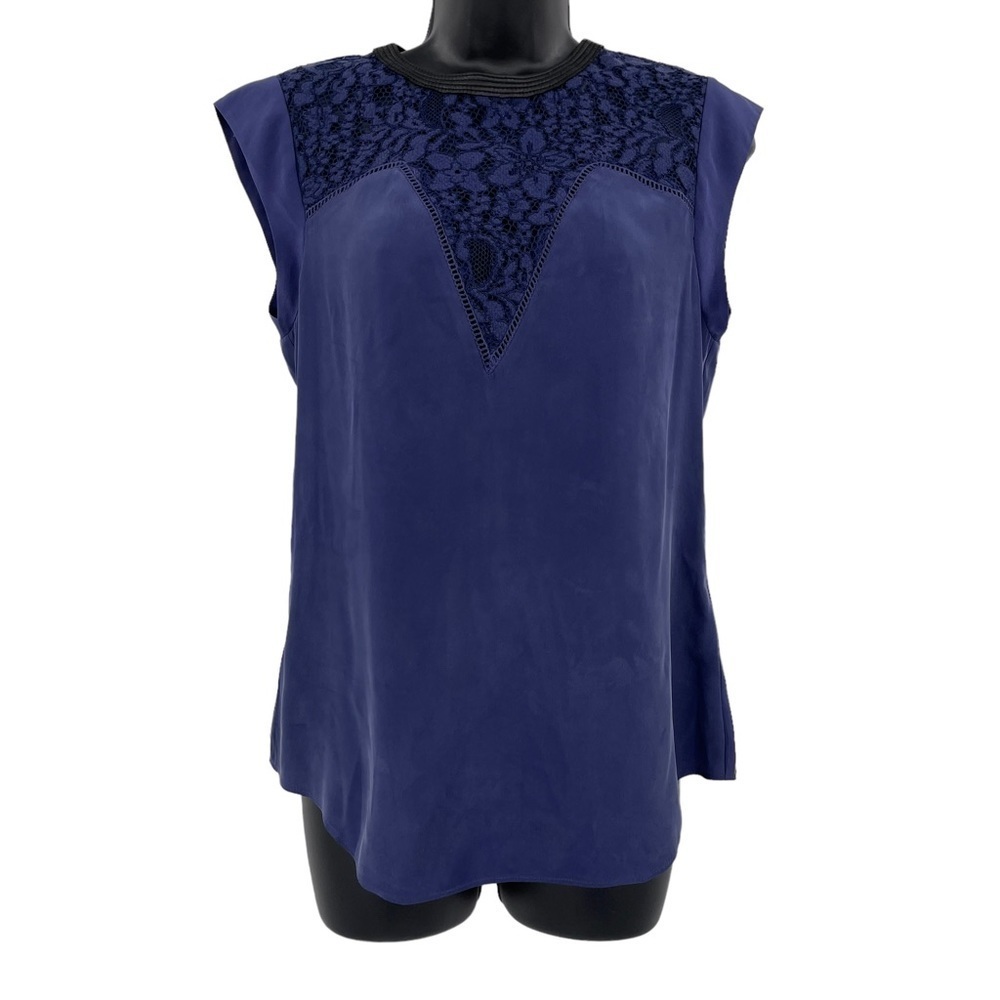 Rebecca Taylor sleeveless‎ lace insert silk blouse blue black women's size 2 S
